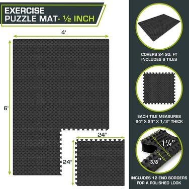 Гімнастичний килимок ProsourceFit 1,2 см, EVA-піна, чорний, протиковзкі пазлові плитки для підлоги, водонепроникне амортизуюче покриття для спортзалу