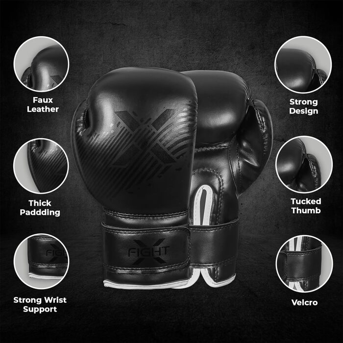 Дитячі боксерські рукавички FightX, 113 г, чорні, PU-шкіра, для тренувань і спарингів, для хлопчиків і дівчаток, MMA, комплект
