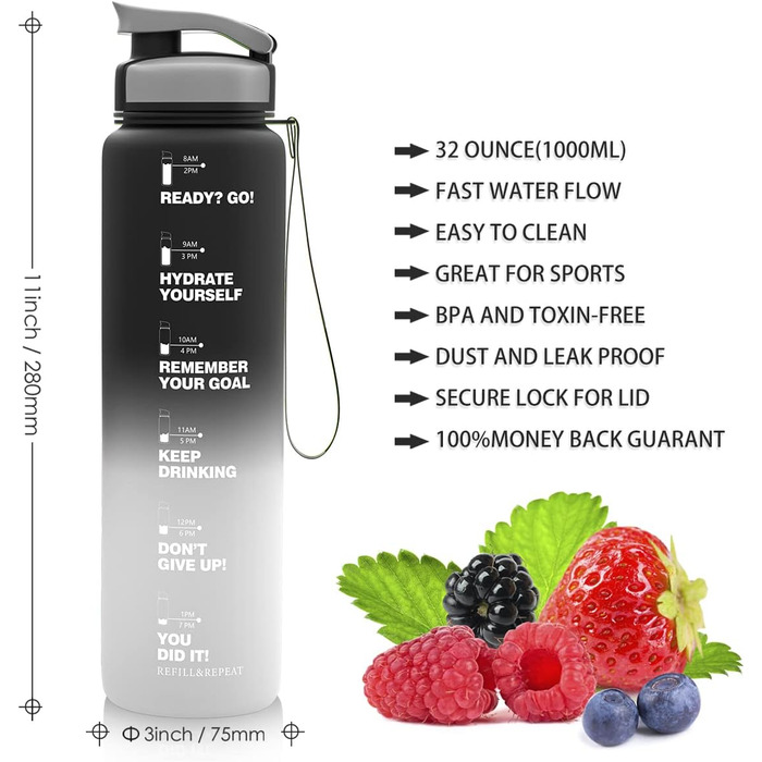 Пляшка для води ZORRI 900 мл, BPA-free, з мітками часу та вимірювання, легка, герметична, для спорту, школи, кемпінгу, чорний/сірий