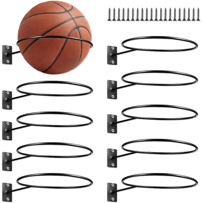 Настінна стійка для м'ячів mizikuu, 10 шт. настінний тримач м'яча з 20 гвинтами Настінний металевий тримач м'яча чорний для футболу, баскетболу, волейболу, регбі