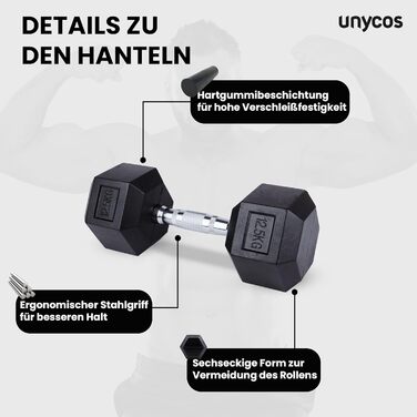 Гантелі Unycos Hexagon 2x12,5кг чавунні з гумою, Ergo Handle