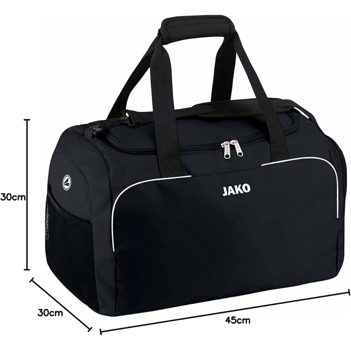 Спортивна сумка JAKO Classico Junior чорна 45x30x30 см для чоловіків, з внутрішньою кишенею, містким основним відділенням на двосторонній блискавці та сітчастою кишенею