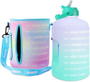 Пляшка для води QuiFit 3,6 л з трубочкою, мотиваційною розміткою, BPA-free, герметична, для спорту, фітнесу, вуличних занять, багаторазова, фіолетово-зелена