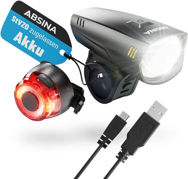 LED велосипедне світло набір, акумуляторне, знімне, StVZO, 180 люмен, 200 м, водонепроникне, USB зарядка, передня і задня фара для велосипеда