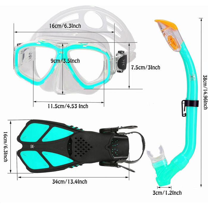 Набір для підводного плавання дітей з ластами, окуляри для дайвінгу з панорамним видом на 180 для дітей, регульовані ласти для плавання, високоякісна маска для дайвінгу та трубка з сухим верхом Aqua Green