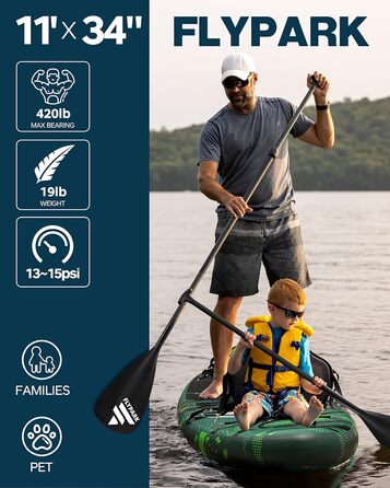 Надувна SUP-дошка Flypark 335x86x15 см, широка, для йоги, з рюкзаком 116 л, 15 D-кілець, ременем, 3 знімними плавниками, насосом