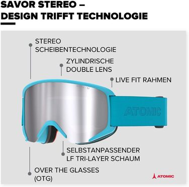 Гірськолижні окуляри ATOMIC SAVOR STEREO - Чіткий зір і захист від відблисків - Високоякісне дзеркальне покриття - Оправа Live Fit - Поверх окулярів сумісна для тих, хто носить окуляри (Teal Blue)