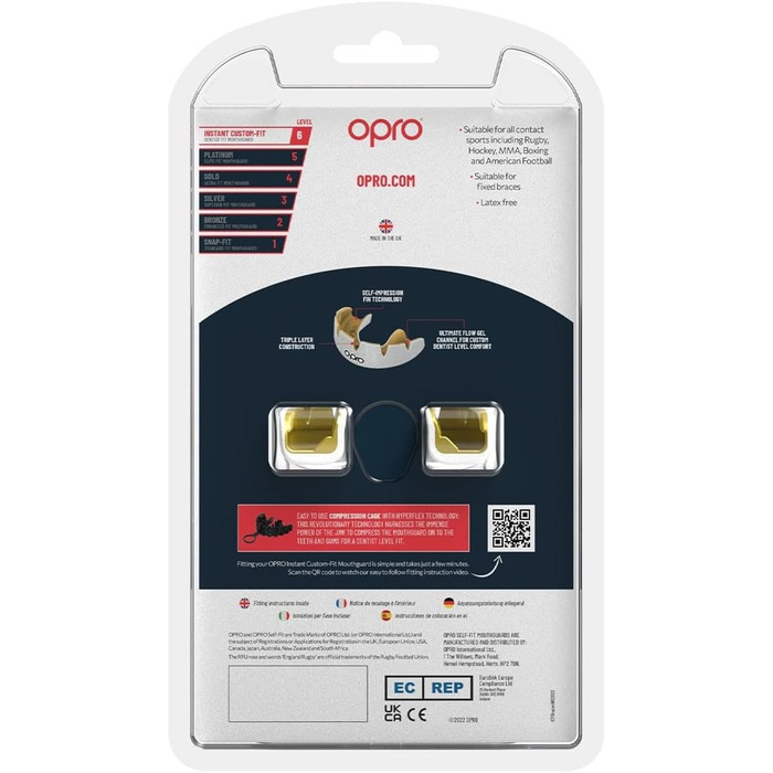 Капа OPRO Instant Custom-Fit Braces, виготовлена стоматологами, для максимального комфорту, захисту та прилягання. Капи для регбі, боксу, хокею, ММА, лакросу та єдиноборств білий/золотий