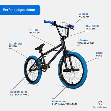 Альпініст Галіфакс 20 дюймів BMX, фетбайк, система ротора 360, фрістайл, 2 сталеві кілочки, захист ланцюга, вільний хід синій / чорний