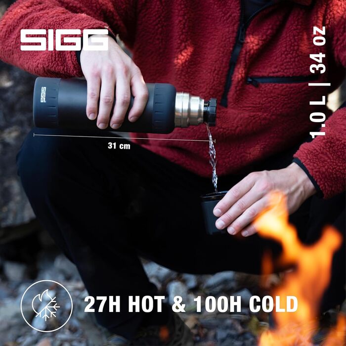 Термос SIGG Alpine Star 1 л, 27 годин гаряче, 100 годин холодне, з чашкою, нержавіюча сталь 18/8, для кемпінгу та подорожей, BPA-free, чорний, герметичний