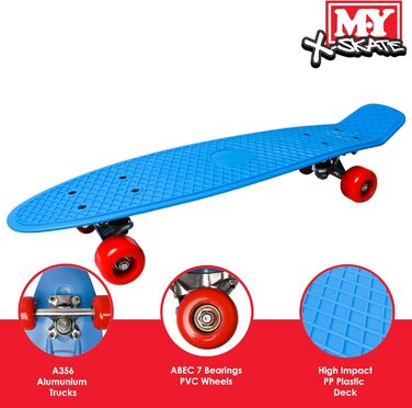 Скейтборд для початківців M.Y X-Skate Complete 55,9 см синій пластиковий ретро для дітей, підлітків та дорослих, вафельний стиль, кулькові підшипники ABEC 7 для трюків та круїзів