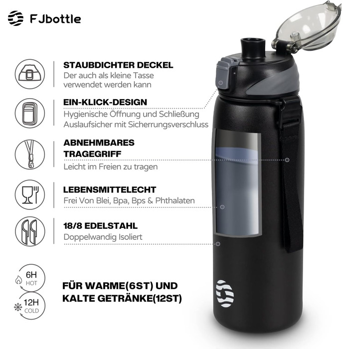 Пляшка для води FJbottle з нержавіючої сталі 1 л, 800 мл, 600 мл, 400 мл Дитяча герметична пляшка для води без бісфенолу А Пляшка-термос спортивна, газована Відповідний термос для універі, школи, фітнесу, на вулиці, велосипед чорний 1000 мл