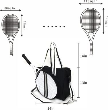 Тенісна сумка-тоут EINENG, Сумка через плече для тенісної ракетки, Велика сумка для піклболу на блискавці з плечовим ременем ракетки для бадмінтону, Жіноча та чоловіча спортивна сумка чорна/біла