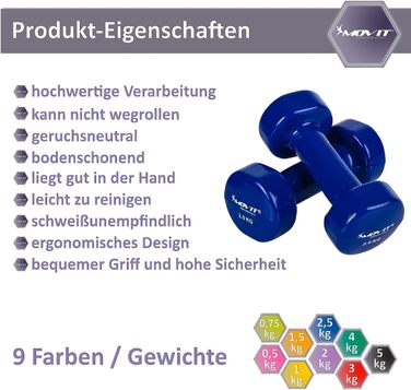 Набір MOVIT з 2 вінілових гантелей, гантелі з вініловою поверхнею, гантелі в 9 вагових і колірних варіантах від 2 шт. 0,5 кг до 2 шт. 5 кг (1 рожевий - 2 шт. 0,5 кг)