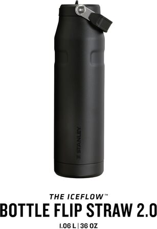 Термобутилка Stanley Flip Straw 2.0 з трубочкою 1,06 л, чорна, BPA-free, не протікає, зберігає холод до 17 годин, лід до 4 днів, підходить для тримача напоїв, можна мити в посудомийці