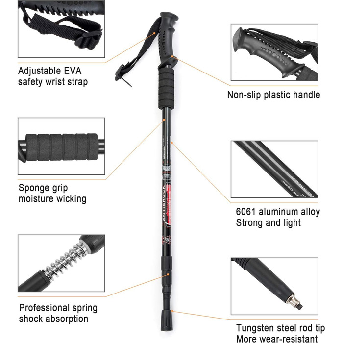 Трекінгові палиці Aihoye, амортизуючі, регульовані, для піших прогулянок або піших прогулянок, розбірні, міцні, 2 шт. и, легкі, туристичні палиці, всі аксесуари для місцевості та сумка для перенесення (чорна)