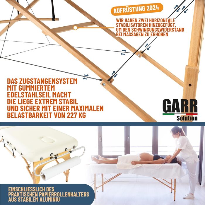 Розкладний дерев'яний масажний стіл GARR Solution 3 зони, портативний і легкий - 185x70 H62/87 см (кремовий) 3 зони Крем