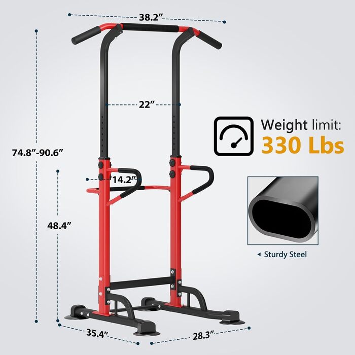 З Dip Station, багатофункціональна силова тренувальна вежа Power Tower, регульована по висоті від 190 до 230 см, турнік, турнік, тренажерний зал, тренажери для тренувань вдома (Black & Red)