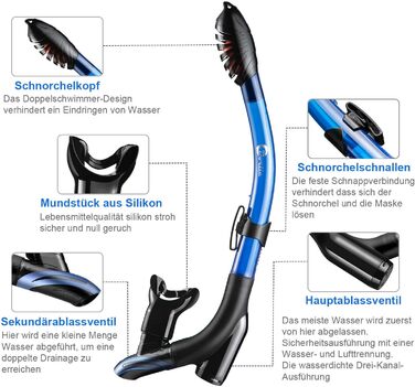 Набір для підводного плавання Dorlle з трубкою та окулярами для дайвінгу, водонепроникною маскою для дайвінгу, загартованим склом проти запотівання, з 3-канальним сухим трубкою преміум-класу для дорослих чорний/синій