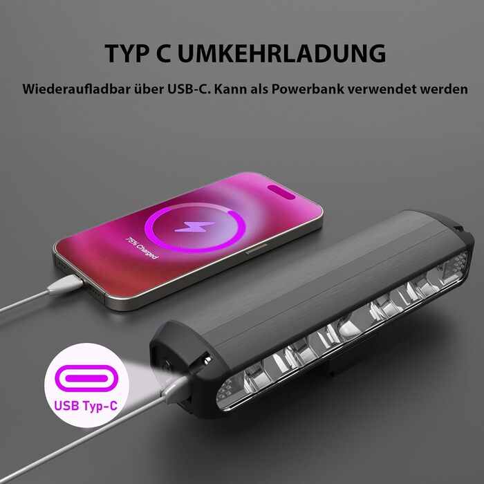 Велосипедна фара з тримачем для телефону, 2 в 1, USB-C, 8000 мА·г, 2600 люмен, 5 LED, 4 режими, переднє світло для велосипеда, легке встановлення, для нічних поїздок