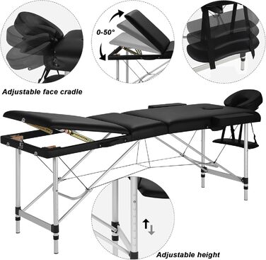 Мобільний масажний стіл 3 зони, масажний стіл складний регульований по висоті, портативна масажна лава, косметичний столик, виготовлений з алюмінію, з підлокітниками підлокітник для рук сумка для перенесення, чорна