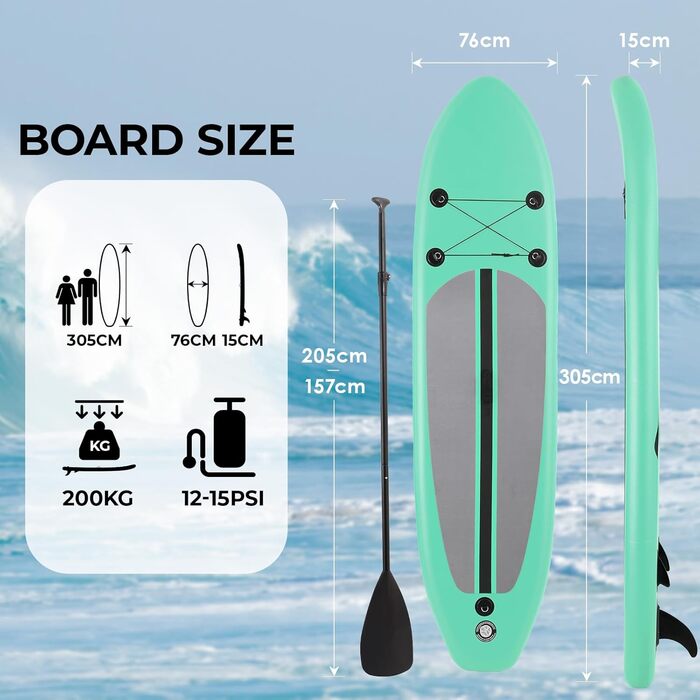 Надувна SUP-дошка для серфінгу 10FT з аксесуарами: регульоване весло, насос, рюкзак, трос, для дорослих, до 200 кг, для водного спорту та веслування