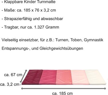 Складаний гімнастичний килимок приблизно 185 x 76 x 3,2 см Портативний і складний дитячий м'який килимок для підлоги, також ідеально підходить як гімнастичний килимок - килимок для фітнесу - килимок для йоги - ігровий килимок (рожевий)