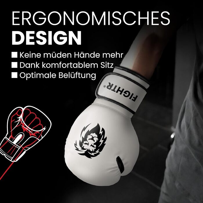 Боксерські рукавички FIGHTR 14 oz, біло-чорні, максимальний захист і стабільність, для боксу, ММА, муай-тай та кікбоксингу, з чохлом