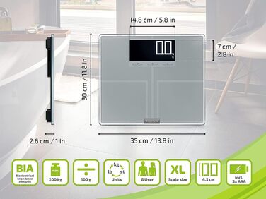 Ваги жиру в організмі Soehnle Shape Sense Connect з Bluetooth, додаток Bathroom Scale plus, шкала аналізу жиру в організмі для BIA Premium Body Analysis, шкала жиру в організмі з додатком і великим РК-дисплеєм (200)