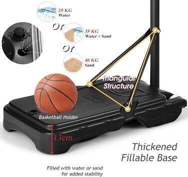 Баскетбольна стійка на колесах, Баскетбольне кільце на відкритому повітрі, Баскетбольний майданчик з регульованою висотою 195-250 см, Баскетбольна стійка для великих дітей, Підлітків, Заповнювана основа
