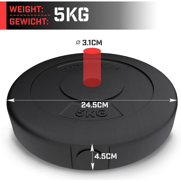 Фізіоніка Вагові пластини - Набір з 2 (2,5 кг / 5 кг / 10 кг / 15 кг), Ø 30 мм, пластик, чорний - Набір вагових пластин Ваги для гантелей/довгих гателів/гантелей (10 кг (2 х 5 кг))