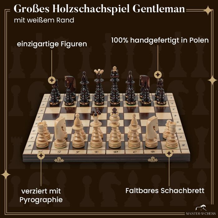 Шахи дерев'яні Gentleman 50x50 см, ручна робота, для дорослих і дітей, шахова дошка та фігури з білою рамкою