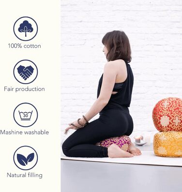 Подушка для медитації Yoga Shop Подушка для йоги Парча 15см - Подушка для сидіння для йоги з чохлом, який можна прати - Подушка для підлоги Yoga Cushion з наповнювачем з органічного гречаного лушпиння рожева