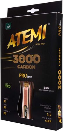 Ракетка для настільного тенісу Atemi Pro Carbon 3000 Неперевершений контроль і продуктивність Затверджений ITTF рецепт жувальної гумки 2020 Виготовлений з натуральної, незабарвленої екзотичної деревини всі рівні Виставлені