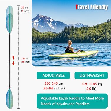 Двійне весло для каяка та каное, регульоване 220-240 см, карбоновий стрижень, лопаті з поліпропілену, океанічний синьо-зелений