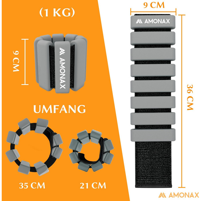 Комплект обважнювачів для щиколоток Amonax, фітнес-обважнювачі для ніг і рук, 2x0,5 кг/1 кг ваги для зап'ястя для жінок, чоловіки, обважнювачі для пілатесу, тренувальні ваги для ніг, для йоги, танців (сірий - 1 кг x 2)