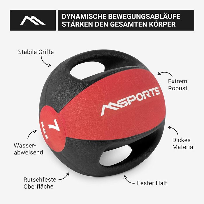 М'яч MSPORTS Med Ball Premium з ручками 1-10 кг (7 кг - червоний)