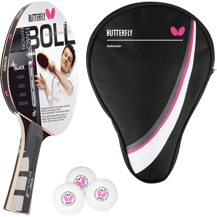 Ракетка для настільного тенісу Butterfly Timo Boll Black 85030 Ракетка для настільного тенісу Ракетка для професійних змагань для технічно просунутих гравців Сертифікована ITTF гума Wakaba анатомічна форма ручки (пучок з чохлом DC1 та 3 кульками)