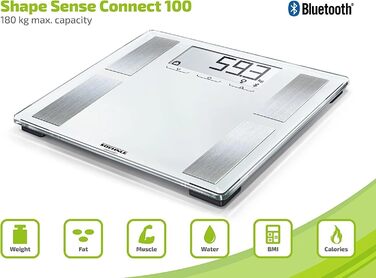 Шкала жиру в організмі Soehnle Shape Sense Connect 100 з Bluetooth, додаток Bathroom Scale plus, шкала аналізу жиру в організмі для BIA Premium Body Analysis, шкала жиру в організмі з додатком і великим РК-дисплеєм