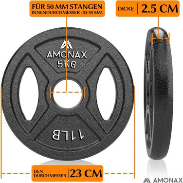 Набір чавунних вагових пластин Amonax, 2,5 кг, 5 кг, 10 кг Набір гантелей для олімпійських ваг 25 мм і 50 мм Штанга з гантелями, металеві вагові пластини для важкої атлетики та тяги стегнами, вагові пластини для домашнього тренажерного залу (50 ММ - 5 КГ 