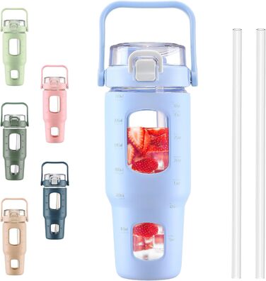 Скляна пляшка для води BLUEGO 960 мл з трубочкою та тайм-маркуванням, силіконова оболонка, мотиваційна пляшка для спорту, тренувань, прозора, блакитна