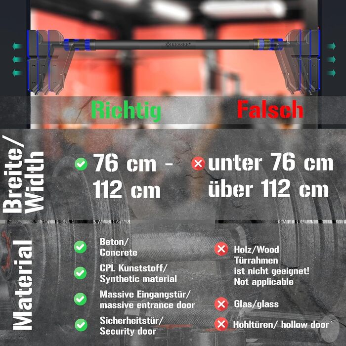 Дверна рама для турніків KESSER регульована, турнік для домашнього тренажерного залу, турнік без гвинтів/свердління, 76-112 см висувний, вантажопідйомність до 300 кг і нековзні ручки, в т.ч. стрічки опору (сині)