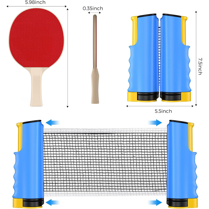 Набір ракеток для настільного тенісу, 2 ракетки для настільного тенісу Професійні 6 м'ячів для настільного тенісу Висувна сітка для настільного тенісу, Набір для настільного тенісу з сумкою для зберігання (синій)