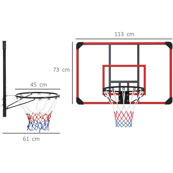 Кільце баскетбольне SPORTNOW, Баскетбольна дошка з кошиком, Баскетбольна сітка з баскетбольною дошкою, Настінна, Зовнішня, Сталева, 113 x 61 x 73 см (ЧорнийПрозорийЧервоний)