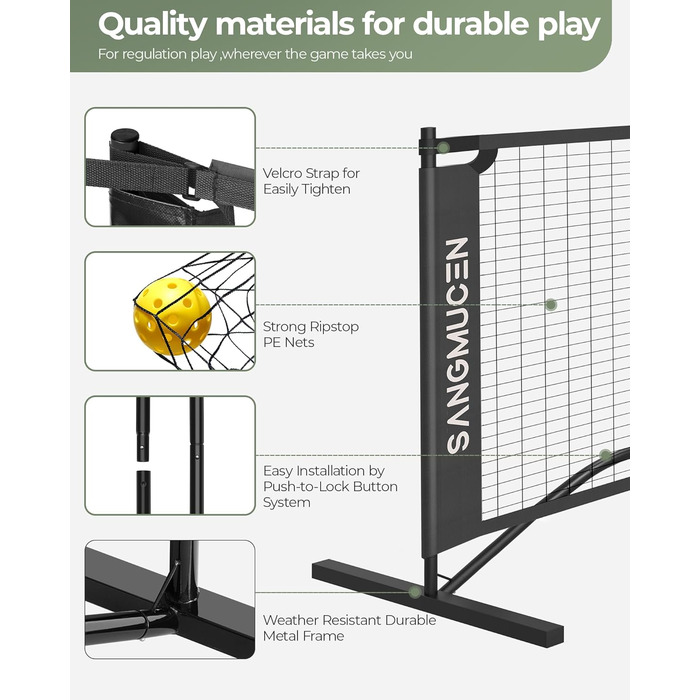 Сітка для піклболу SANGMUCEN, набір сіток для піклболу звичайного розміру 6,9 м і 3,5 м, портативна сітка для піклболу на під'їзній доріжці, стійка до погодних умов металева рама, міцна поліетиленова сітка чорна