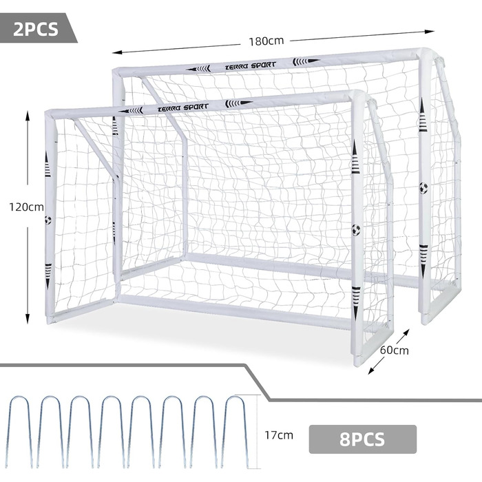 Ворота ZERRO для футболу 180/240/300 зі стіною, 180 білі, 2 шт.