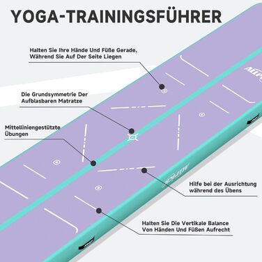 Гімнастичний килимок ALLPICK надувний, довжина 3/4 м тренувальний килимок, килимок для перекидання висотою 10/20 см, двостороння конструкція надувна для гімнастики, йоги та тумблінгу (фіолетово-зелений, 400*100*10)
