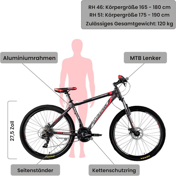 Дюймовий велосипед Hardtail MTB жінки та чоловіки 165-190 см Гірський велосипед MTB рама Колесо унісекс Алюмінієвий гірський велосипед Чорний/Червоний 51 см, 27,5