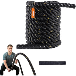 Тренувальна мотузка VEVOR Battle Rope, Мотузка для вправ, Бойова мотузка довжиною 9,1 м, Тренувальна мотузка з поліестеру, Мотузка для домашнього тренажерного залу, Тренування тіла, Основні силові тренування, Нарощування м'язів, чорний