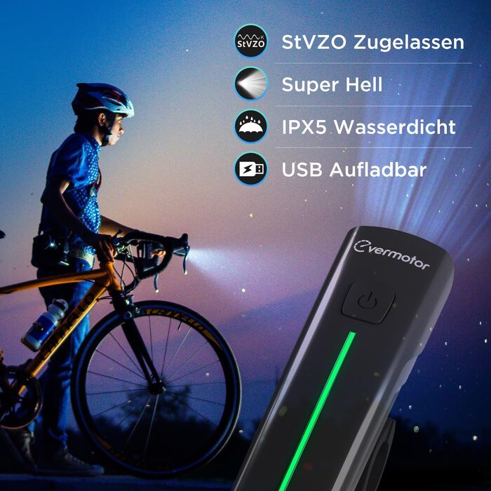 Набір велосипедних LED-ламп evermotor, передня фара StVZO, USB-C заряджання, довга автономність, світло для дітей і дорослих, аксесуари для гірського велосипеда